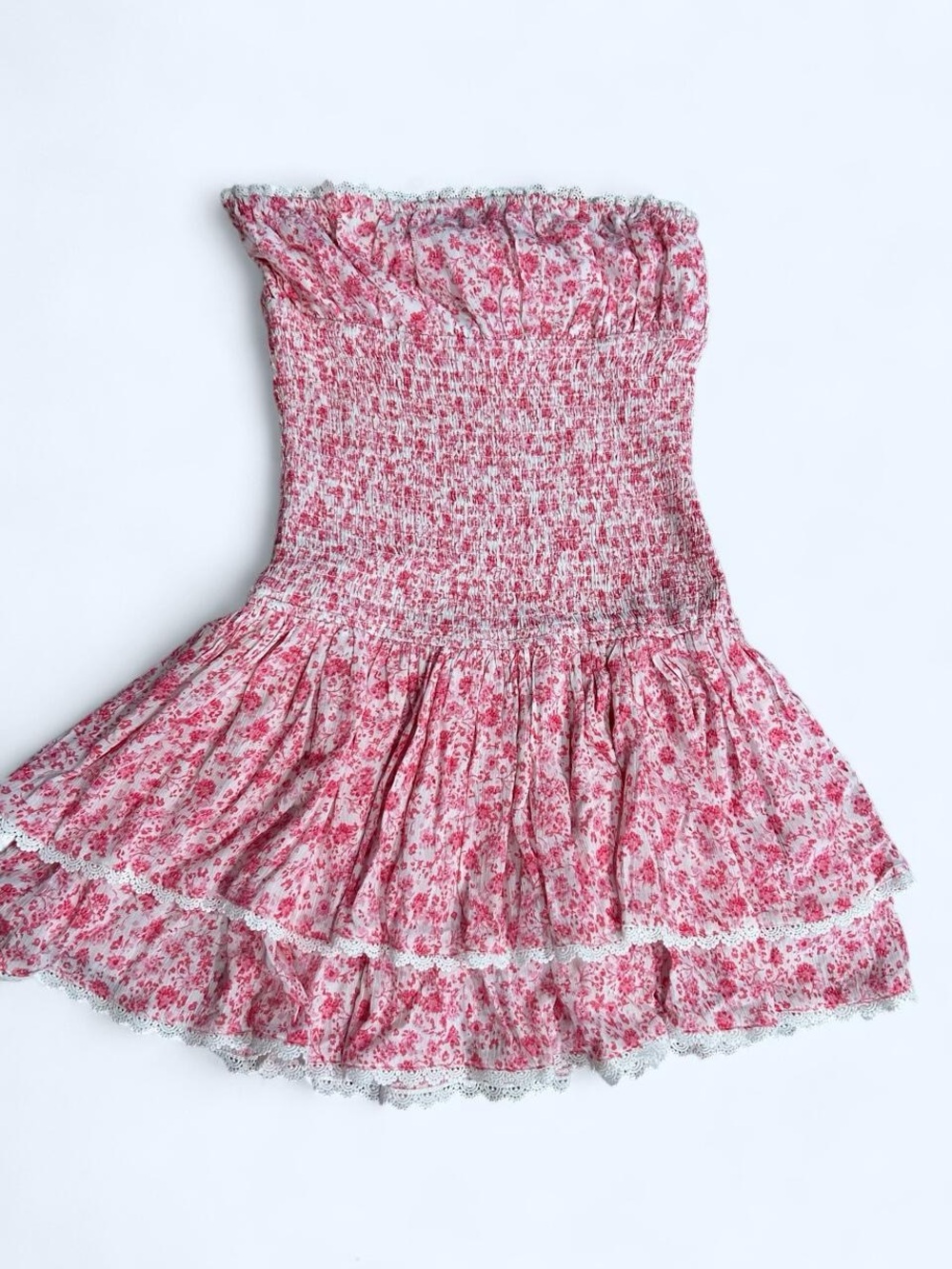 NWT Coquette Y2K Pink Floral Strapless Smocked Mini Dress Tiered Lace Ruffle